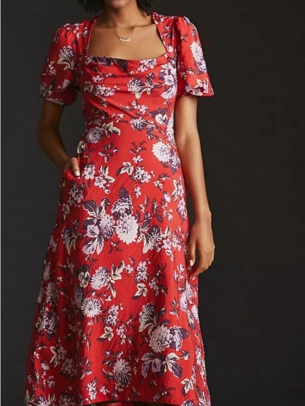 Maeve Anthropologie Red Floral Puff Sleeve Dress Size 4